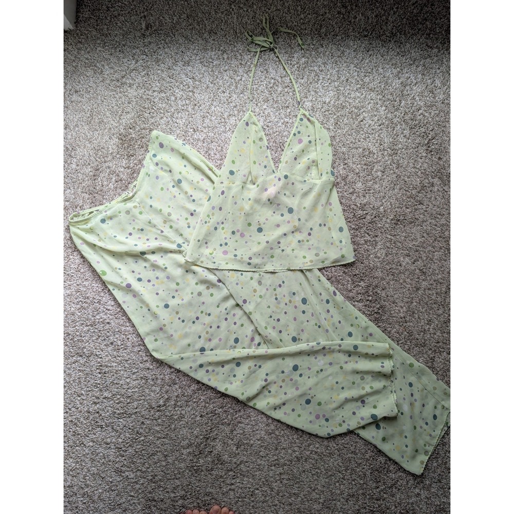 Victoria's Secret Pajama Set Women M Green Polka Dot Y2K Sheer Halter Top Pants
